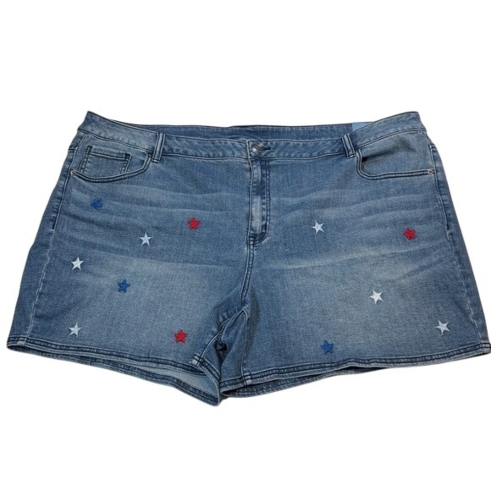 Lane Bryant Embroidered Star Denim Shorts in Blue with Red & White Accents